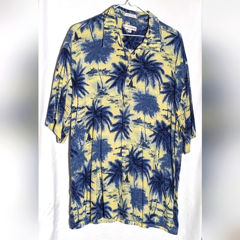 Men's Pierre Cardin 100% Rayon Yellow & Blue Hawaiian Shirt | Size XL